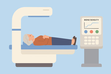 Flat vector of bone density scanning device with control panel and elderly patient bed