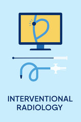 Flat vector of interventional radiology kit with catheter, guidewire, and imaging monitor