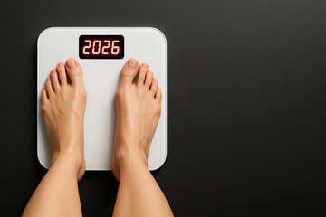 New year 2026 fitness goal concept: female feet on white scale with glowing red digits 2026 on black background, top view