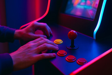 Detail on hands playing with joystick on old vintage arcade game in a dark room