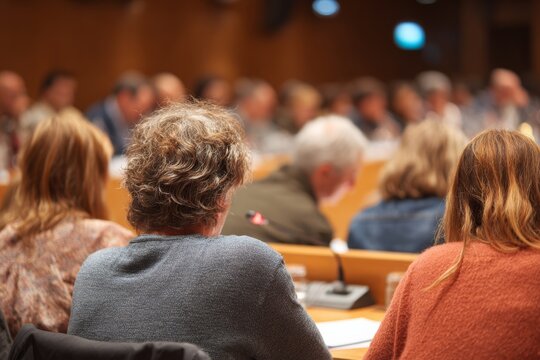 Group of parents in a school board meeting. Parent - teacher conference. People listening with attention at public town hall gathering, social event. 