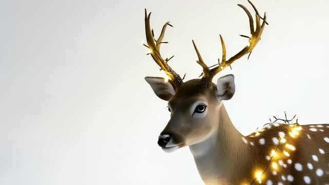 The decorative deer displays its elegant antlers adorned with glowing lights, enhancing its beautiful features. This deer captivates with its charming presence against a soft backg