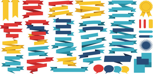A comprehensive collection of colorful flat style ribbon banners, labels, and graphic elements for web design and promotional materials