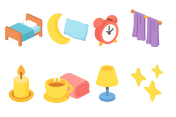 Home essentials 3d icon set. bed, clock, lamp, and more in isometric style