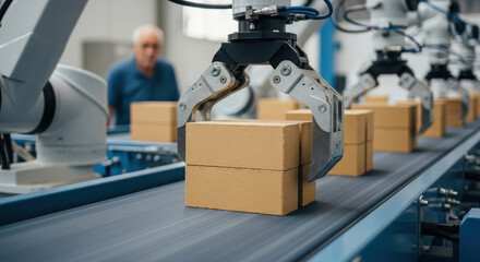 Automated robotic arm sorting cardboard boxes on conveyor belt in modern industrial facility, efficient packaging system advancing manufacturing productivity