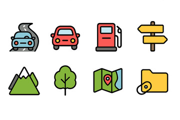 Travel and navigation icon set. colorful flat icons for maps and transportation