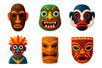 Oceanic Ritual Masks Icons. 3D icon set of Oceanic ritual masks: Papua New Guinea wooden mask, painted crocodile spirit face, boar
