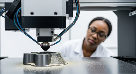 Focused female engineer observes advanced industrial printer fabricating complex metallic component in high tech laboratory setting, concentrating on innovation and precision technology