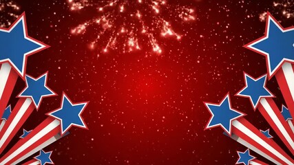 A patriotic holiday animated background with red white and blue stars and stripes with fireworks for celebrations - Powered by Adobe