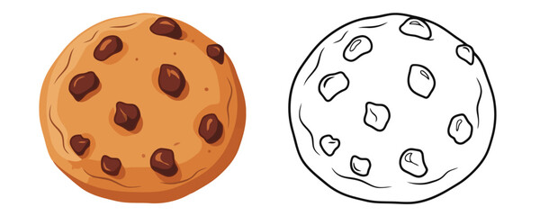 Fototapeta premium Delicious colorful and outline cartoon style chocolate chip cookie, perfect for kids coloring books activity and sweet food projects