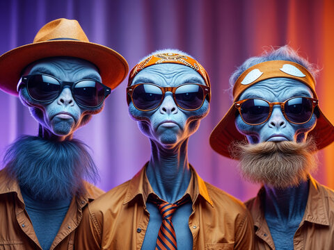 Grey Aliens Halloween Costume Disguised as Humans &mdash; funny extraterrestrial trio in sunglasses & hats, awkward dressup selfie with beards, bandanas & tie, alien humor ET group trick or treat photo