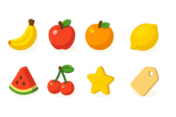 Fruit, food flat icon set. bananas, apples, citrus and more vibrant icons collection