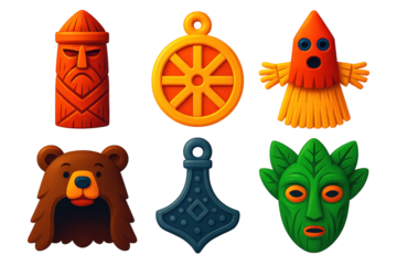 Slavic Pagan Icons. 3D icon set of Slavic pagan ritual items: carved wooden idol, sun wheel charm, straw mask figure, bear pelt