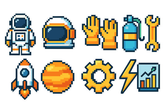 Pixel art space icon set. astronaut, rocket, planet, gear icons in pixel style