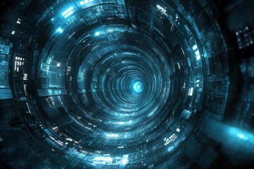 Mystical tunnel of swirling blue light and digital patterns in a futuristic cityscape