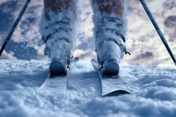 Skiers prepare for a thrilling descent on a snowy mountain at dawn