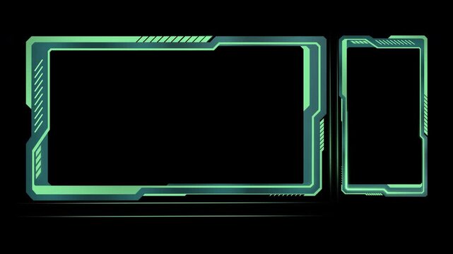 Futuristic animated green webcam and screen frame overlay for live game streaming or video recording. Sci fi digital design element glowing. 4K includes transparent alpha channel background