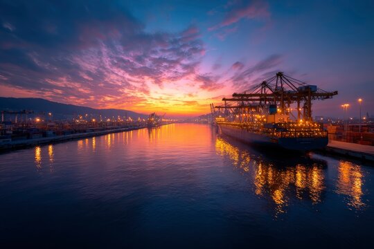 Dramatic sunset over a bustling port with container ship and glowing reflections on the water.