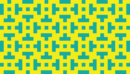 A seamless geometric pattern with teal shapes on a bright yellow background. The abstract and minimal design creates a cheerful and modern visual