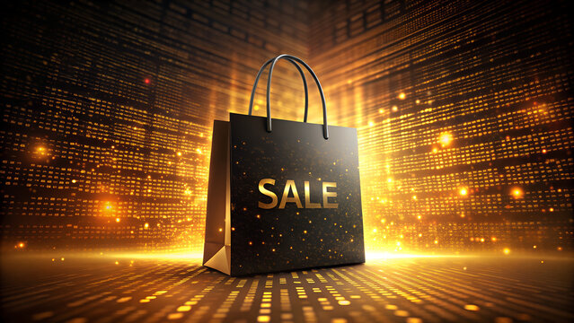 Golden glow retail sale bag with futuristic festive lights for luxury shopping promotion and ecommerce