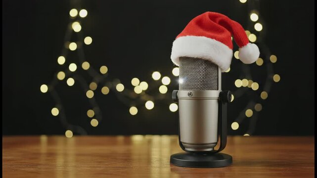 Podcast Christmas Theme, Festive Microphone Santa Hat Shines Brightly Wooden Table Surrounded by Twinkling Holiday Lights