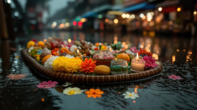 Colorful Umbanda Spiritual Offerings Floating on Water with Candles and Flowers in Street &mdash; Afro-Brazilian Religion Culture