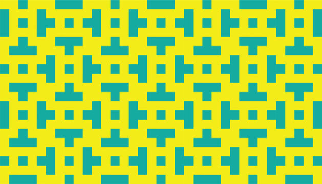 A seamless geometric pattern with teal shapes on a bright yellow background. The abstract and minimal design creates a cheerful and modern visual