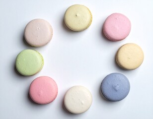 Flat Lay of Pastel Macarons Arranged in Circle Pattern. Delicate pastel macarons arranged in a circle on soft background, perfect for dessert ads, bakery packaging, or minimalist design.