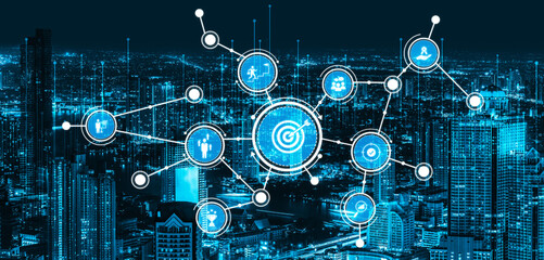 A captivating digital illustration showing a futuristic cityscape at night, featuring interconnected icons representing marketing and data analysis in modern urban environments. Tessel