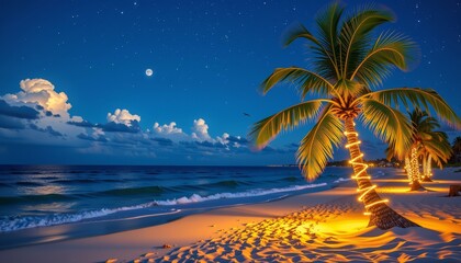 Christmas lights and ornaments adorning palm trees on a beach at night tranquil coastal environment