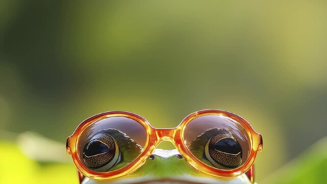 The frog wears stylish orange sunglasses, creating a whimsical and playful vibe in the bright green background. This frog, with its unique eyewear, captures attention and sparks jo