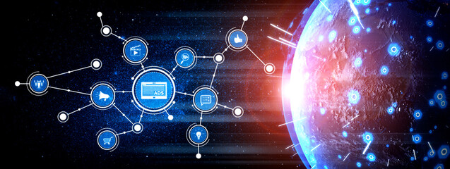 A striking digital illustration depicting a network of interconnected icons and glowing elements, symbolizing communication and technology in a global landscape. Tessel