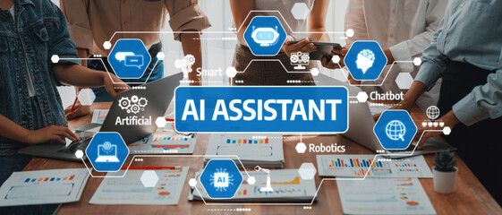 Analyst team utilizing BI Fintech to analyze and pointing at financial dashboard paper office. Businesspeople examining report paper on table for business insight. Panorama shot. Scrutinize Amity