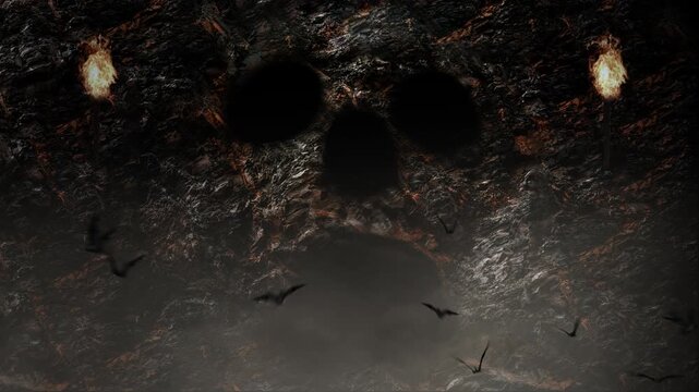 Skull Cave Bat Flight Background 4K Loop features a cave with an opening that looks like a skull with reign fog and bats flying out toward the viewer in a loop.