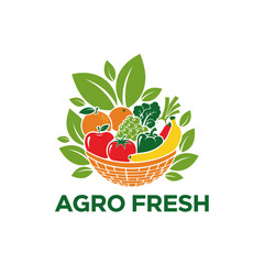 Colorful logo featuring a basket brimming with various fruits and vegetables surrounded by leaves