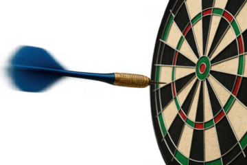 Blue dart hitting dartboard, achieving target and success with motion blur, transparent background