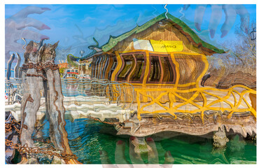 Surreal digital artwork set in Burano. A wooden station and lagoon scene melt into fluid dreamlike waves, blending architecture, reflections, and transparent hands in a vivid, imaginative composition.