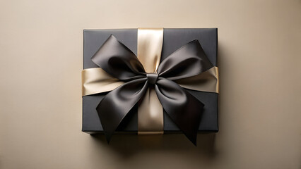 Luxury satin ribbon gift box for elegant celebration packaging on beige background with black wrapping paper
