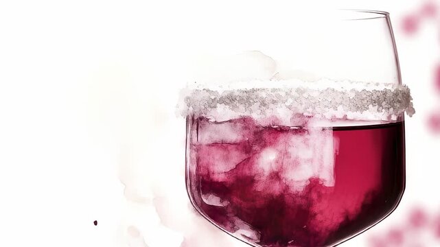 A glass filled with rich red liquid sits against a stark white background, showcasing the transparent hues and textures of the drink. The rich red liquid in the glass contrasts bea