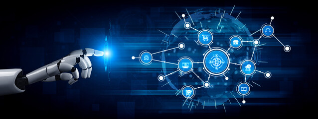 A futuristic robot hand reaching out to interact with a digital network, showcasing icons that represent various aspects of technology and commerce in a vibrant blue setting. Tessel