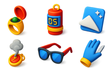 Spy Gadget Icons. 3D icon set of spy-proof personal items: poison ring, timed self-destruct capsule, mirror-lensed sunglasses, ink