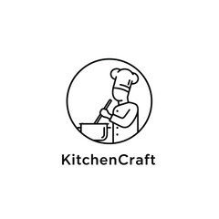 A chef stirring a pot inside a circle. Minimalist style, black lines on white background