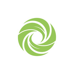Circular green design, with layered petal-like shapes converging at a central aperture on white background