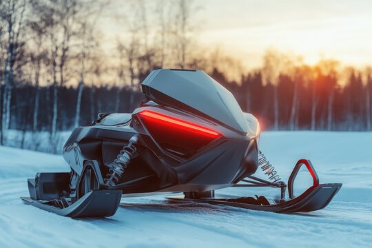 Snowmobile parked in a snowy landscape during sunset with trees in the background - Powered by Adobe