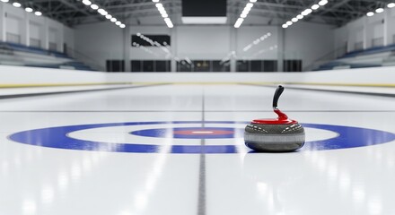 Curling stone on ice rink at indoor curling arena. concept of winter sports, precision technique, competitive game