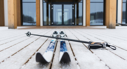 Obraz premium Cross country ski equipment on snowy wooden deck outside modern cabin entrance. concept of winter sports, outdoor adventure, alpine vacation.
