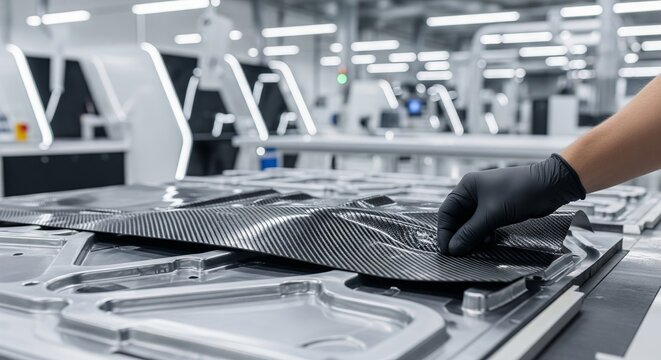 Hand in black glove handling carbon fiber sheet in high-tech factory with bright lights. concept of advanced material, industrial process, modern manufacturing