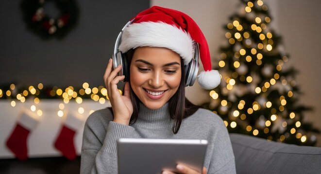 Young hispanic woman wearing santa hat listening to music on digital tablet at home with christmas tree lights in background. concept of holiday spirit, festive technology, joyful season