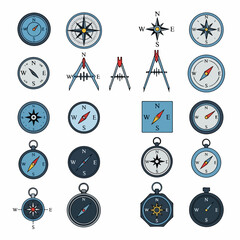Set of colorful vector compass icons for navigation and direction.