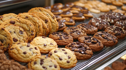 Freshly baked assortment of delicious chocolate chip cookies perfect for a bakery promotion or tempting dessert menu, inviting warmth and sweet indulgence